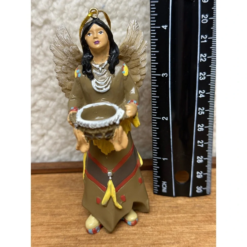Native American Style Angel Ornament Resin Figurine Holding Basket 4.25in